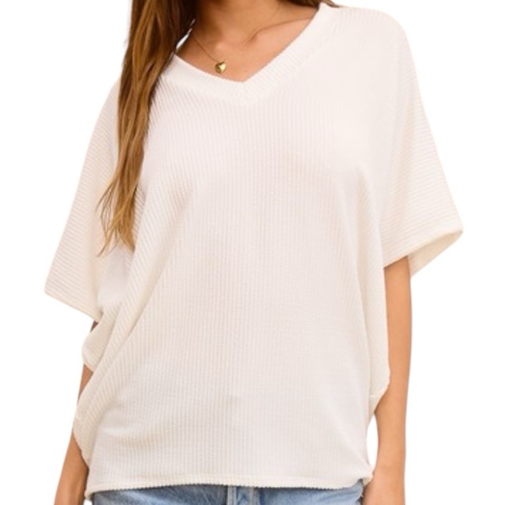 Women's Cream V-Neck Waffle Knit Top